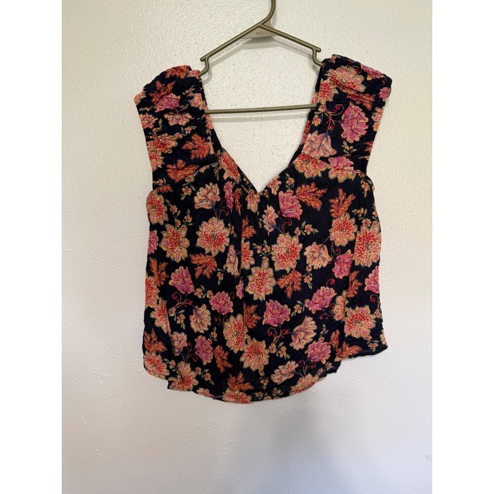 Old Navy Tank Top Navy with Pink Floral Tie Back Wide Strap Womans S